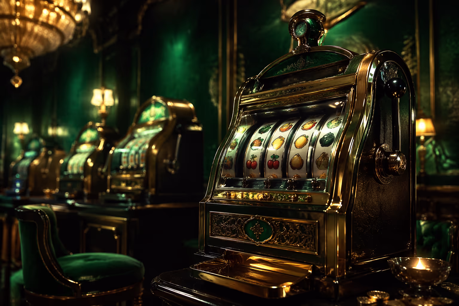 Vintage mechanical slot machines Liberty Bell, Mills and Sittman & Pitt in dramatic museum lighting